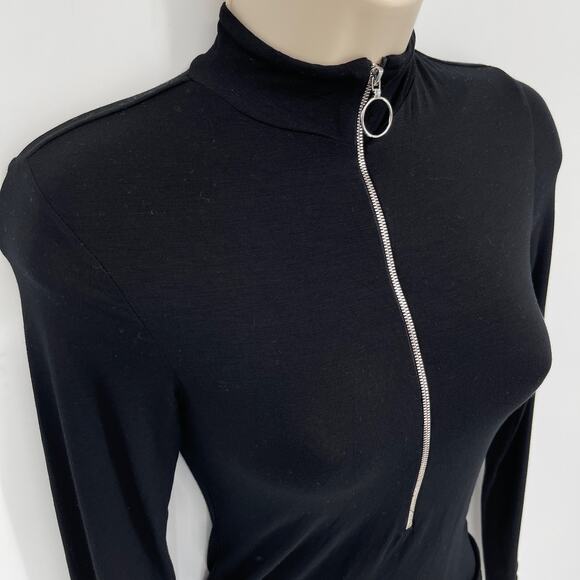Enza Costa Women's Italian Viscose Mock Neck Zip Front Bodysuit NEW Sz XS Black - Picture 2 of 7